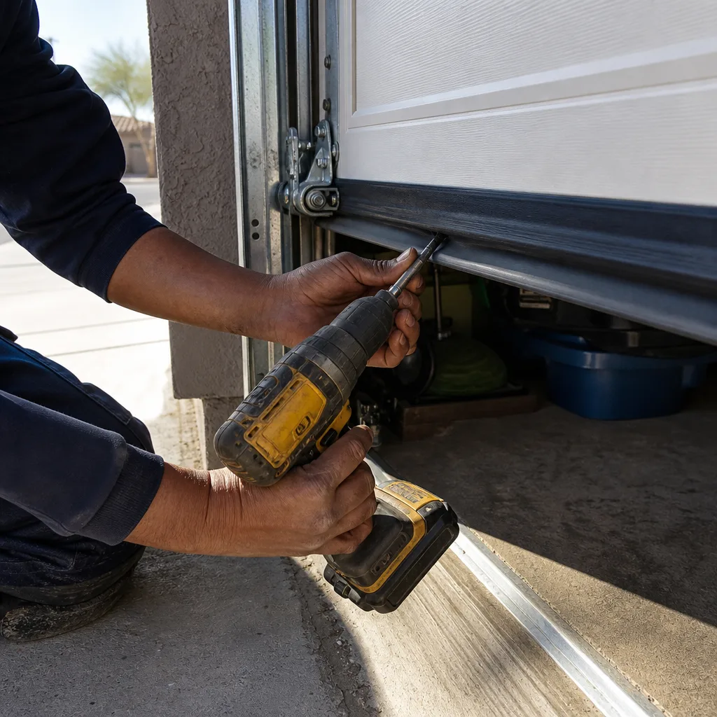 Technician using a power drill to install garage door bottom seal