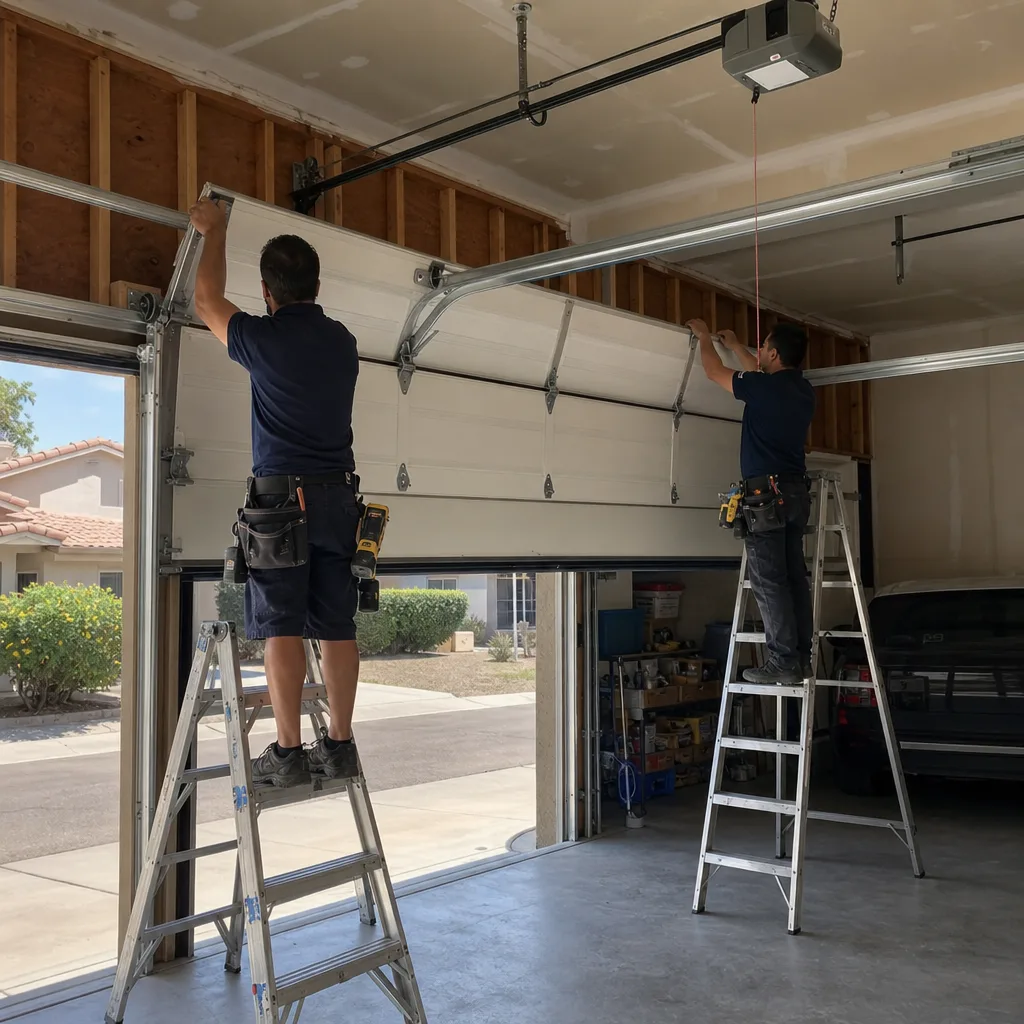 Two technicians performing professional garage door installation on a residential garage