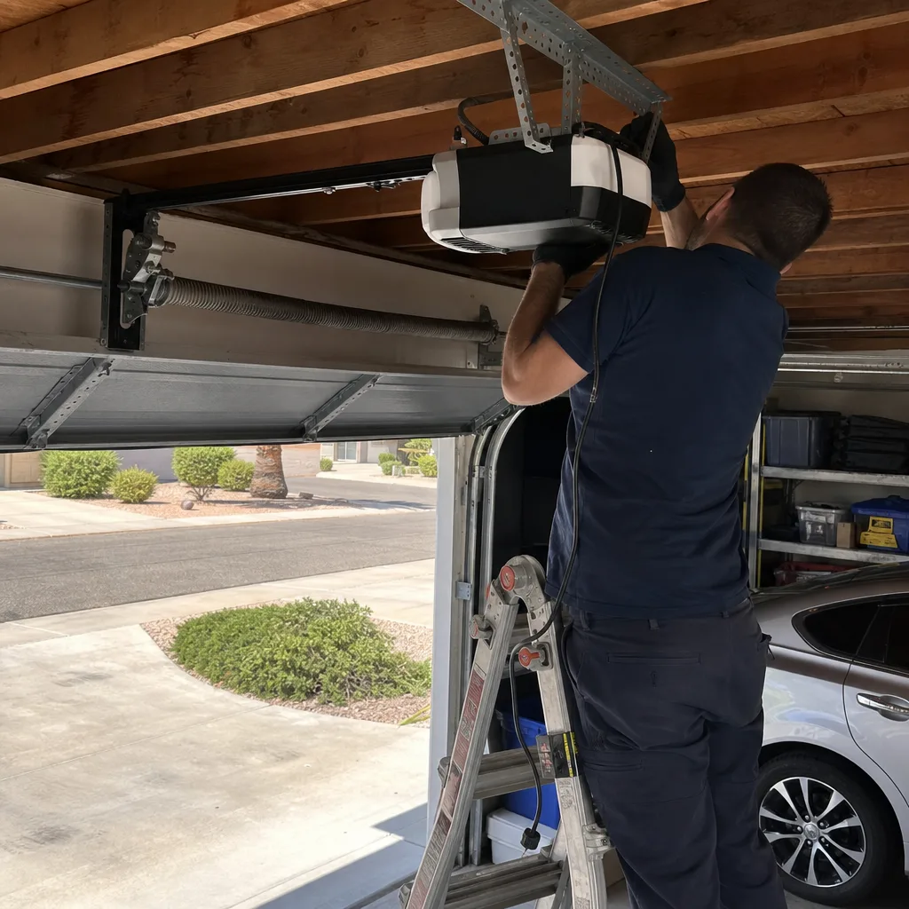 Technician performing professional garage door opener installation and repair service