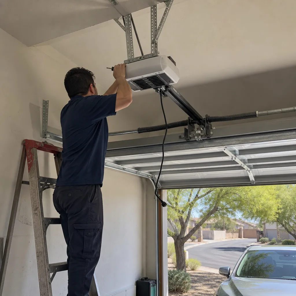 Technician performing garage door opener repair and installation from a ladder