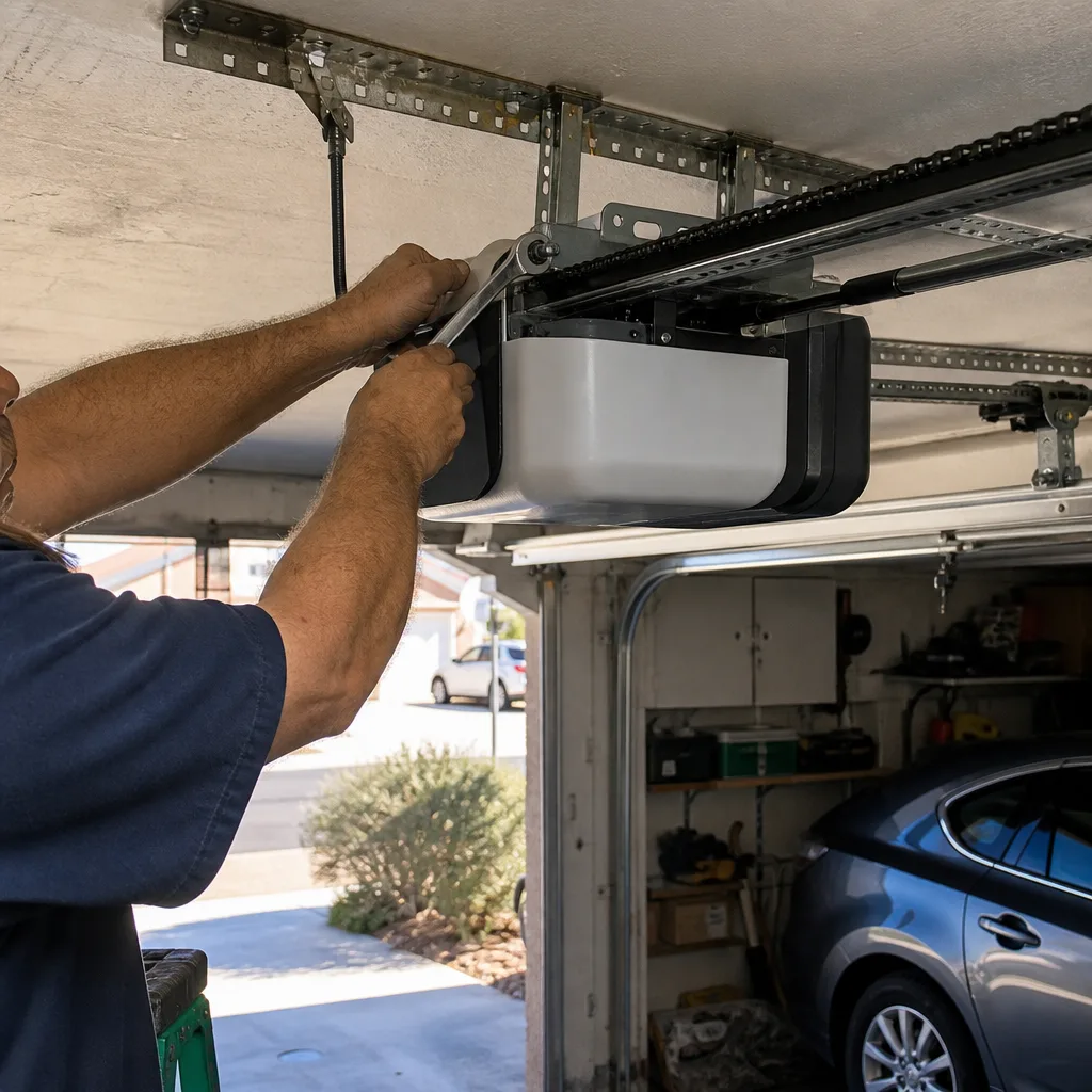 Technician performing professional garage door opener motor repair and installation