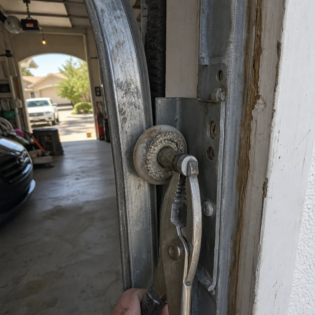 Technician performing professional garage door roller repair and maintenance.