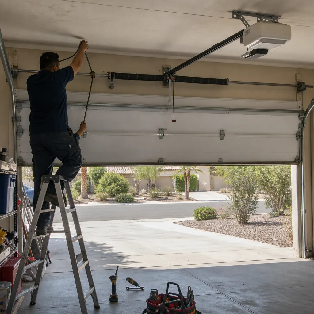 Technician performing professional garage door spring repair